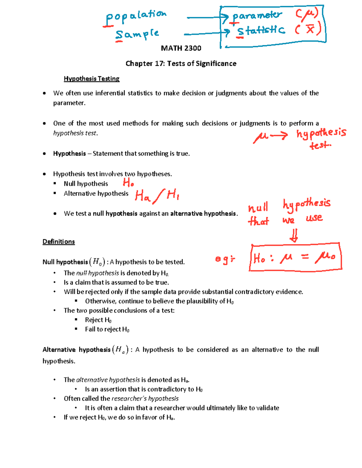 Chapter 17 (Complete Note) - MATH 2300 Chapter 17: Tests of ...