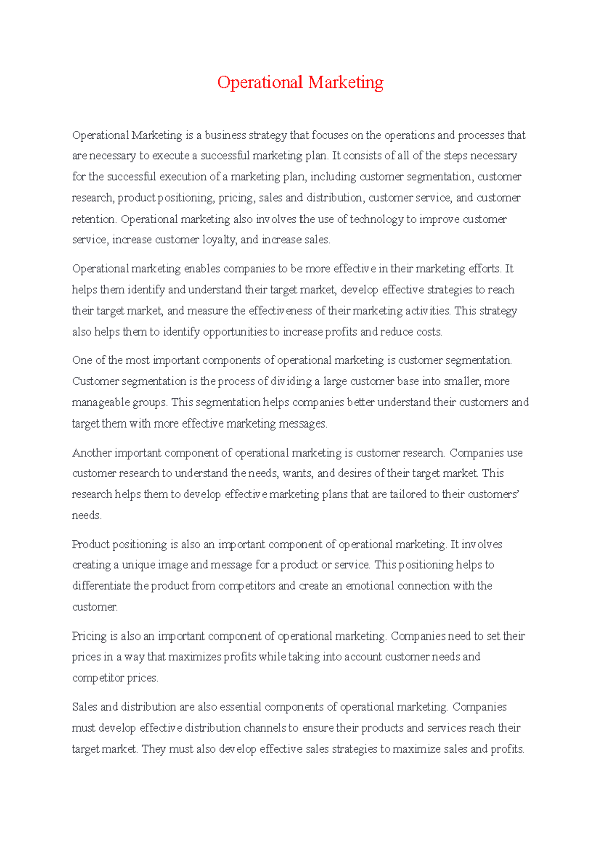 Traditional marketing - Operational Marketing Operational Marketing is ...