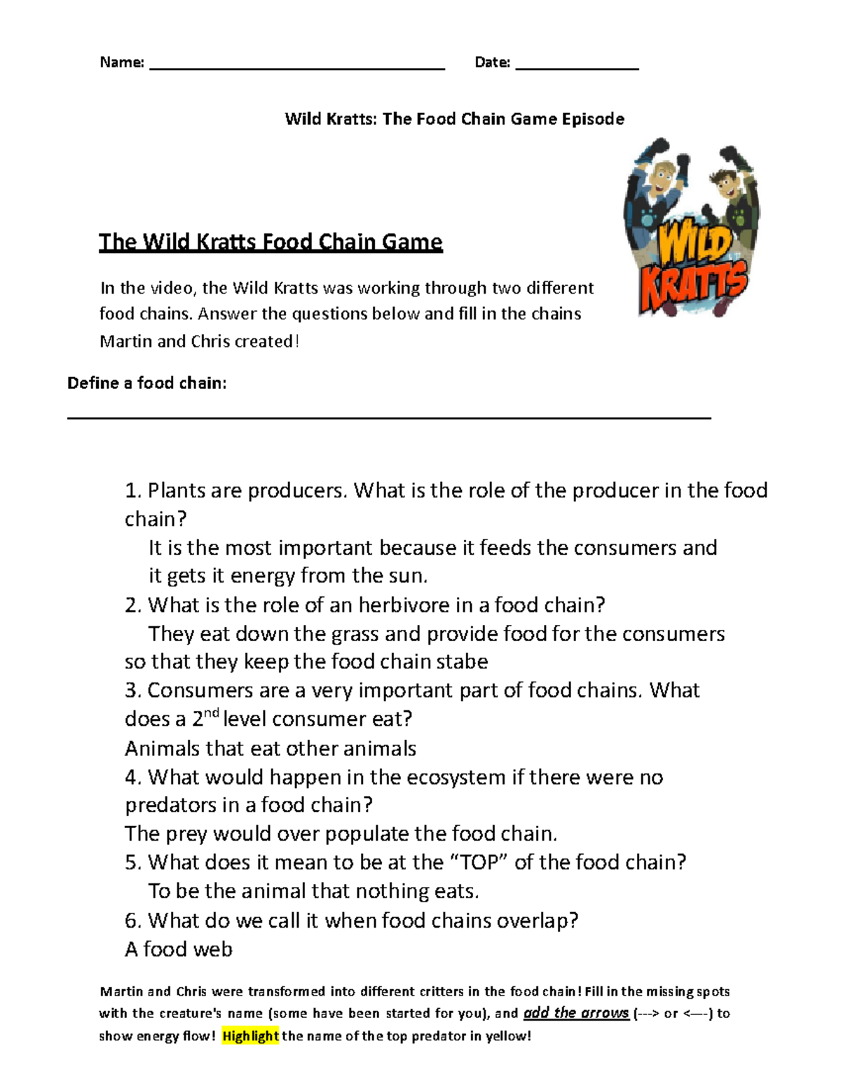 Noah Wild Kratts Food Chain Worksheet Name