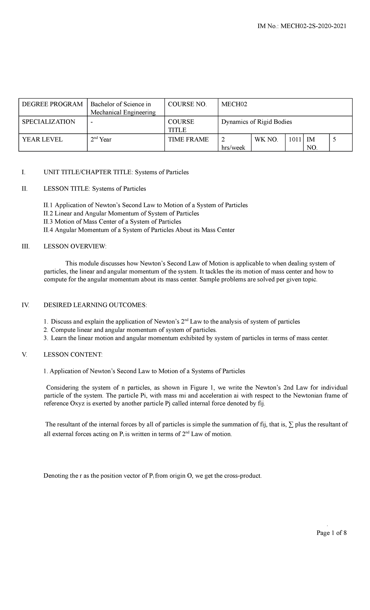 Dynamicsof Rigid Bodies-Module 5-Week10-11 With Evaluation - DEGREE ...