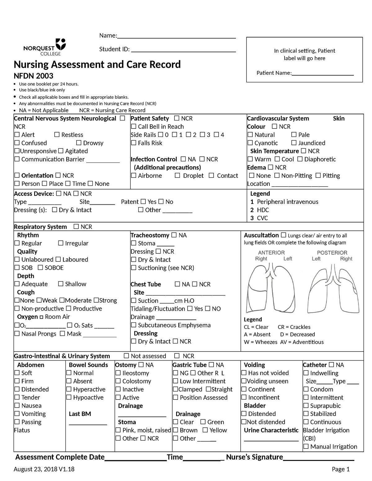 NFDN 2003 Tick Charting Student Updated Name Student ID Nursing