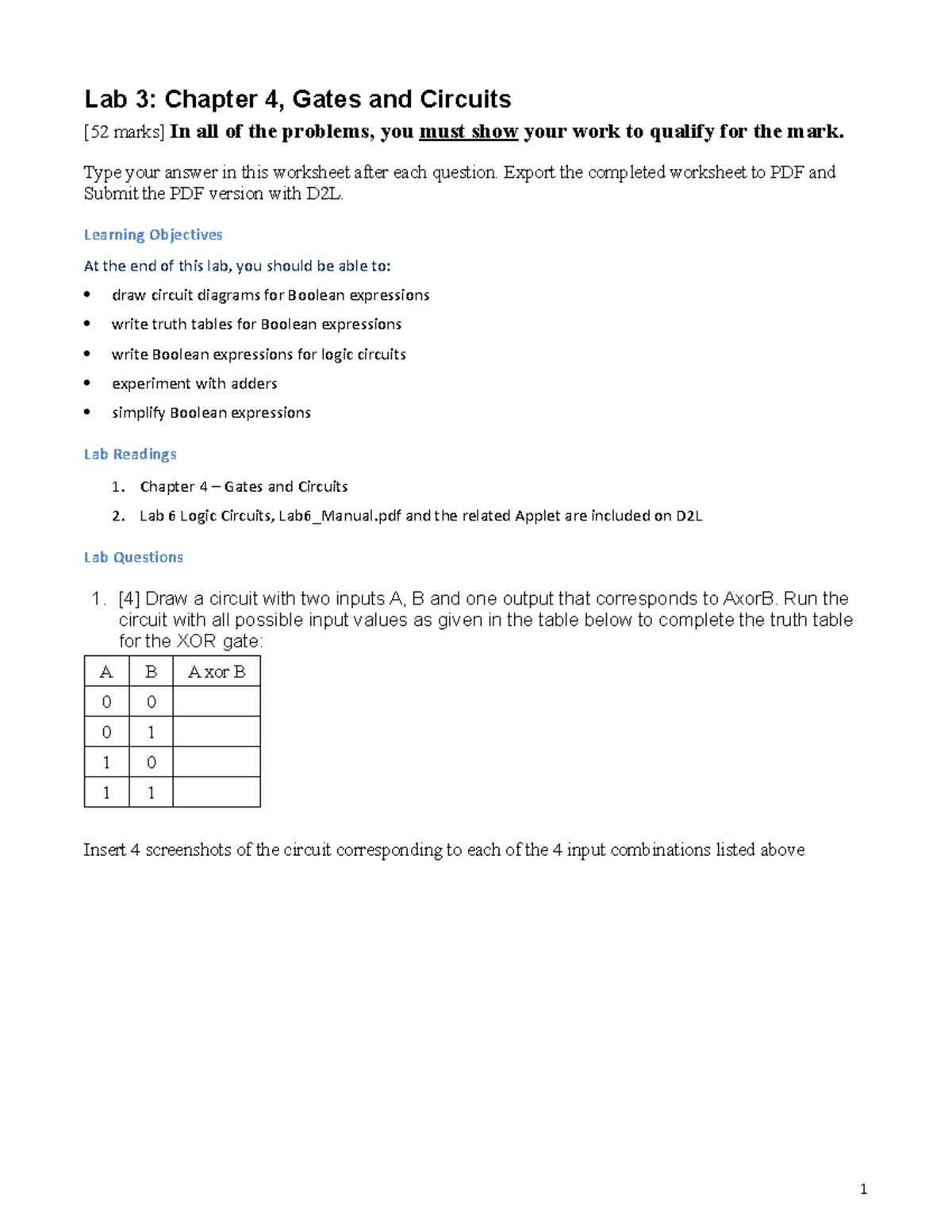 Lab 3 worksheet - it is lab 3. its is mandatory and use logic gates ...