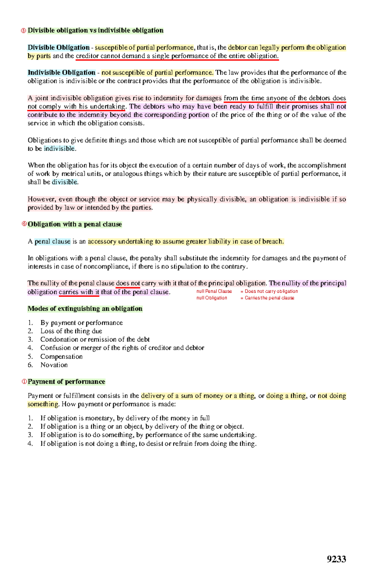 Supplementary Notes - Law on Obligations 5 - 9233 Divisible obligation ...