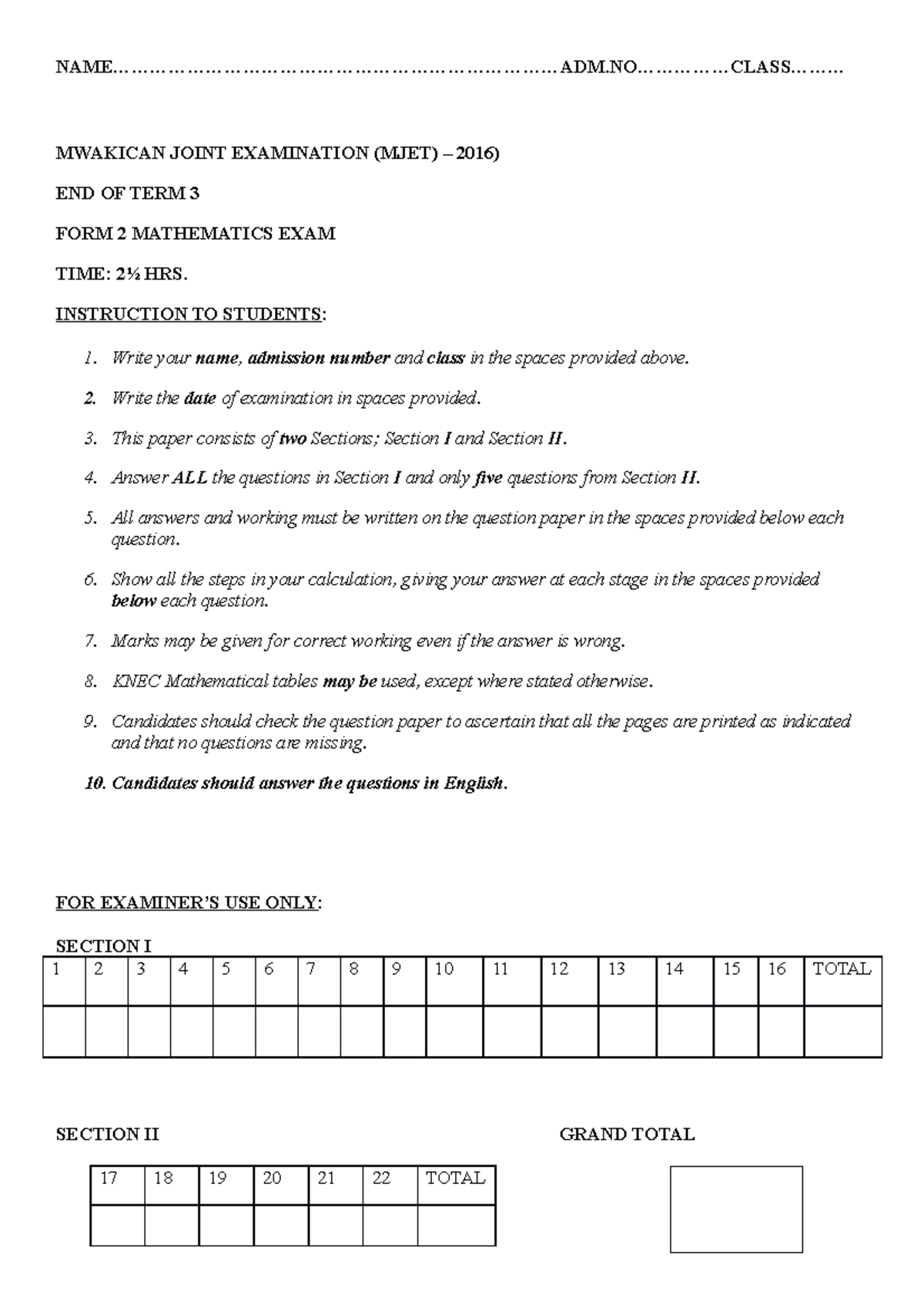 Mathematics form 2 mod23042022001 - - Studocu