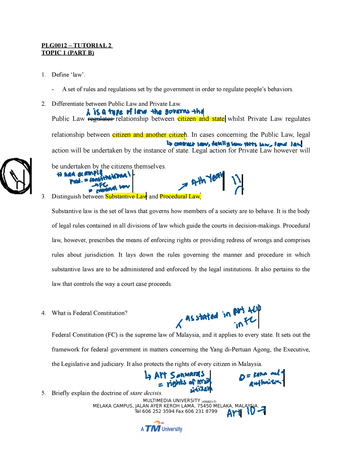 TUT 2 - Topic 1 (Part B) - SOURCES OF LAW - PLG0012 – TUTORIAL 2 TOPIC ...