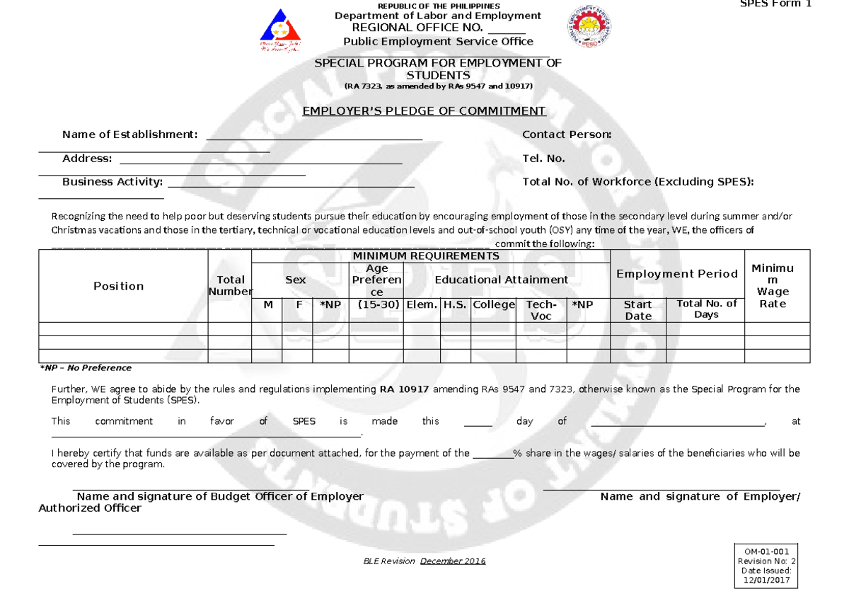 SPES Form 1 - Pledge of Commitment - OM-01- Revision No: 2 Date Issued ...