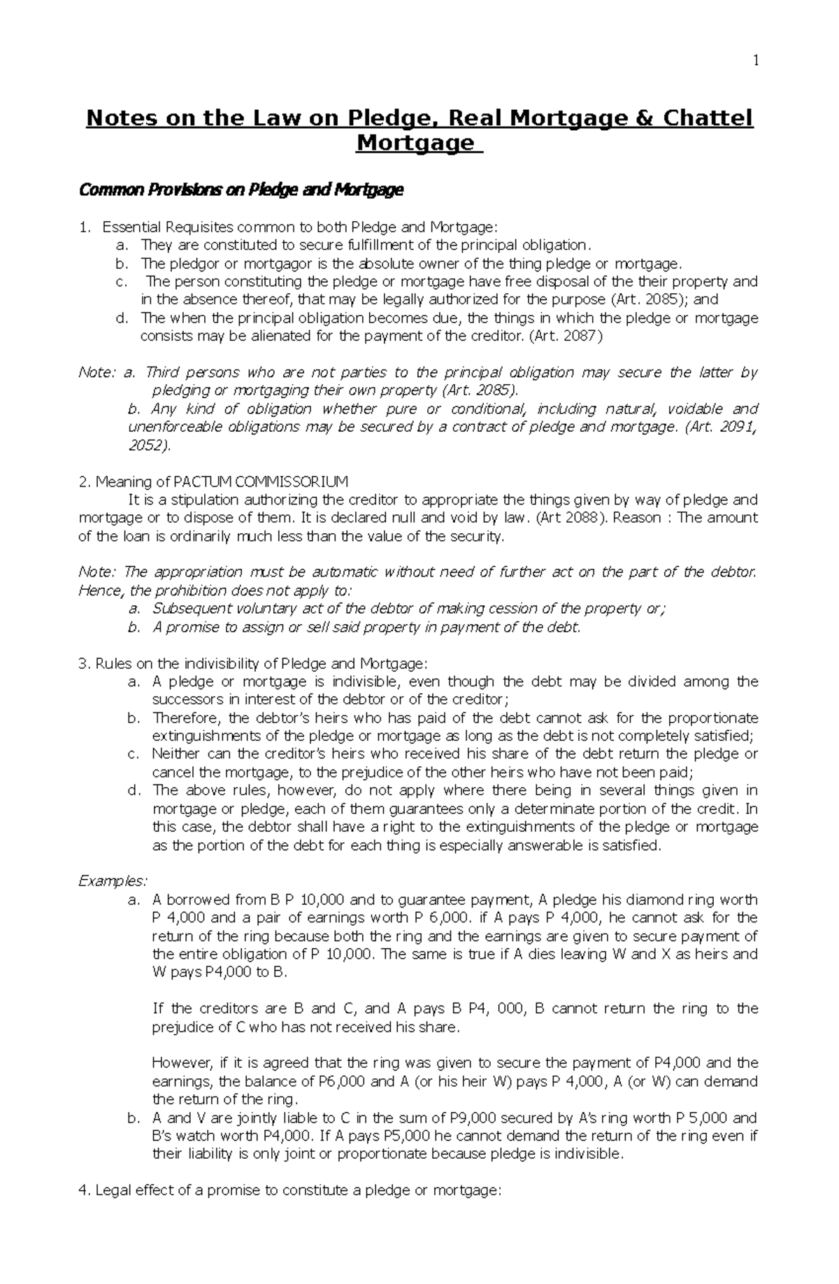 Notes on Pledge Mortgage Chattel Mortgag Notes on the Law on Pledge