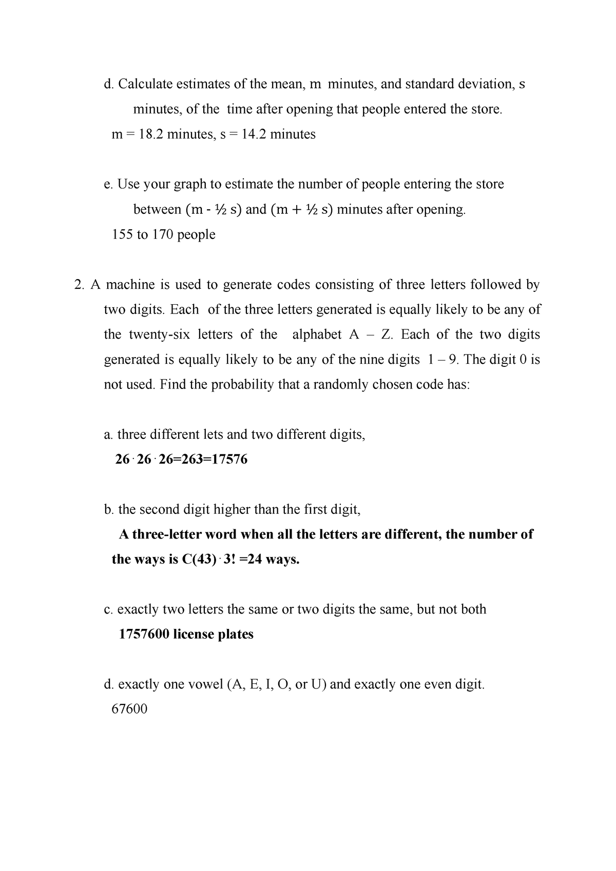 41. Mathematics Questions - d. Calculate estimates of the mean, m ...