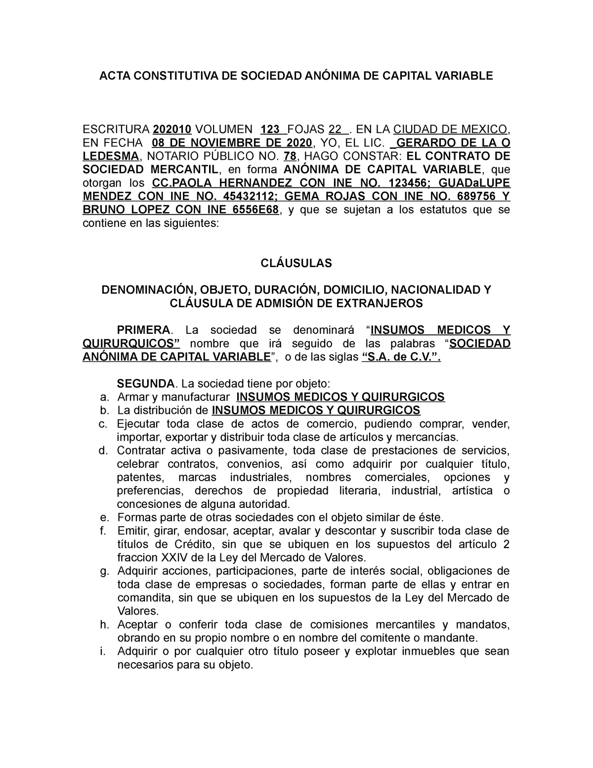 Formato Acta Constitutiva De Sociedad Anonima De Capital Variable