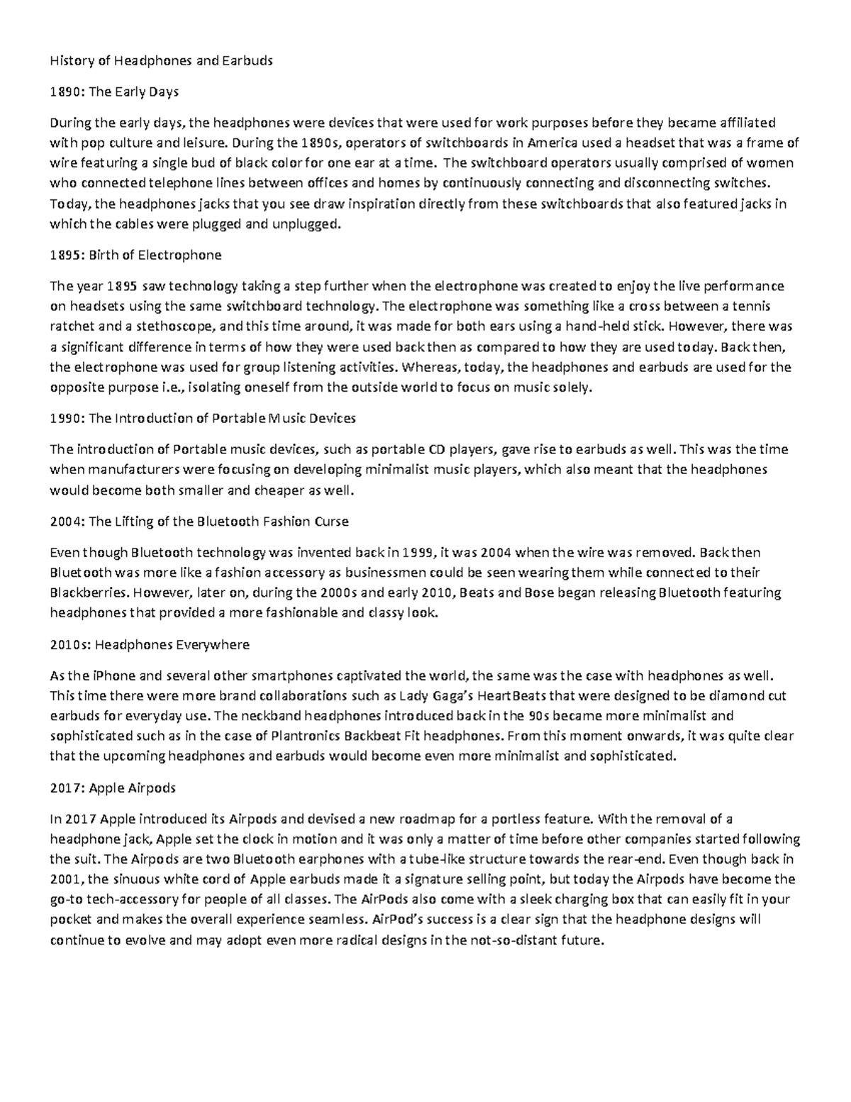 HIstory of Earphones History of Headphones and Earbuds 1890 The