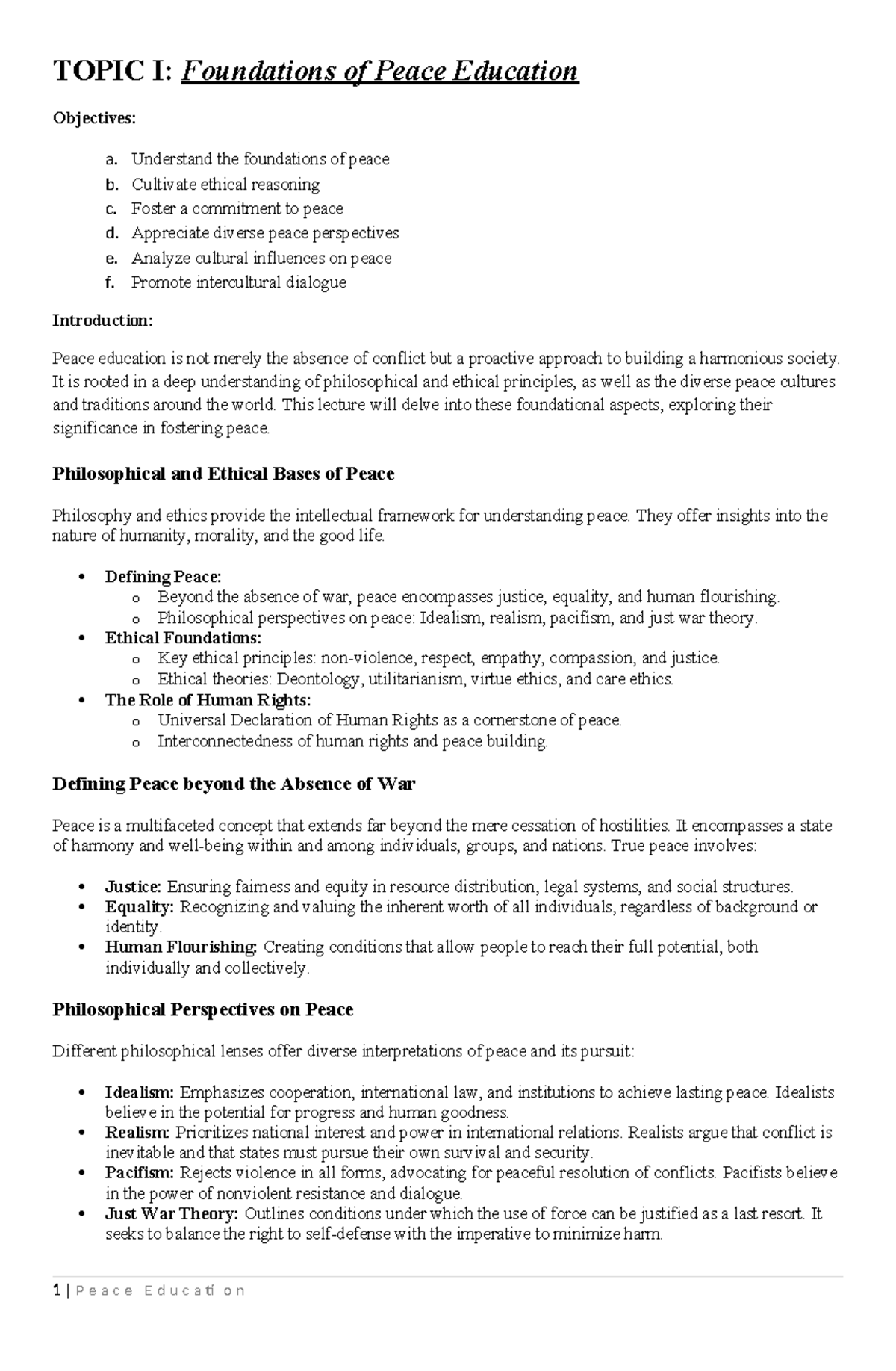 Foumdation OF Peace Education Students Handouts - TOPIC I: Foundations ...