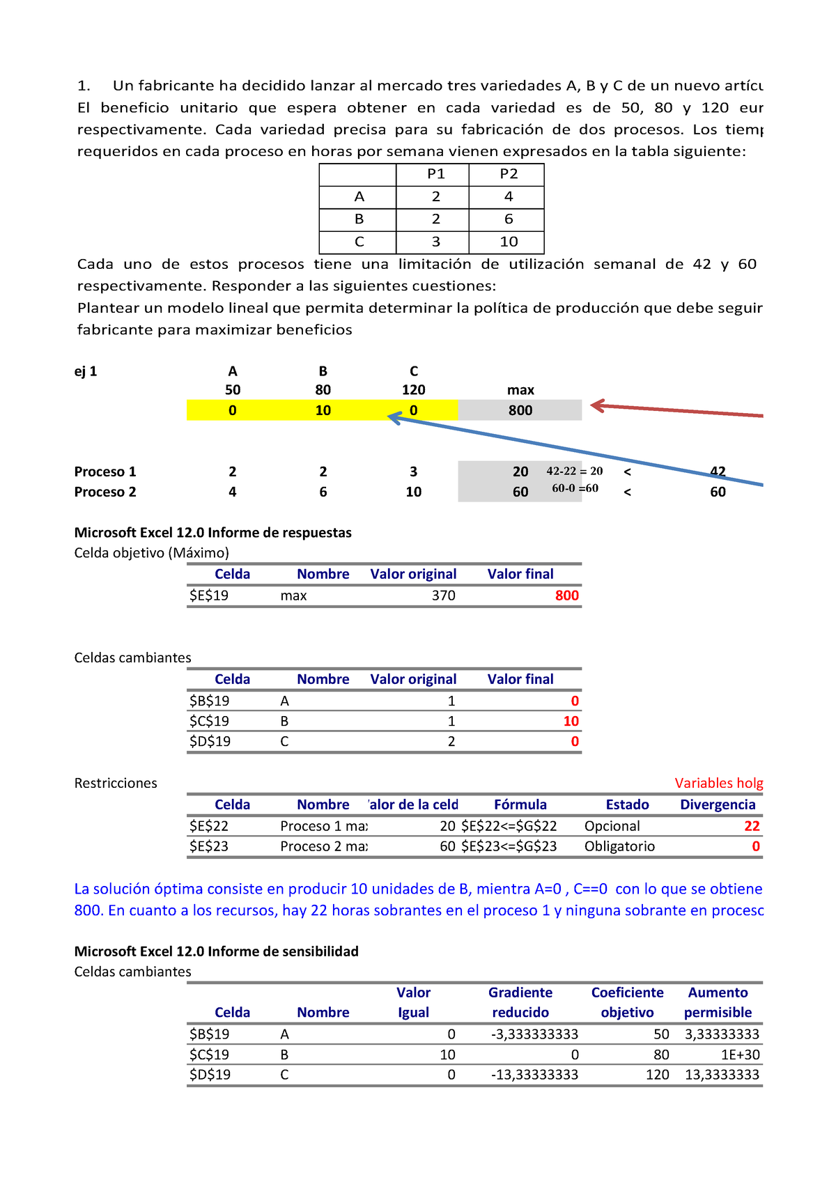 Programacion Lineal Con Solver Resuelto - Ej 1 A B C 50 80 120 Max 0 10 ...