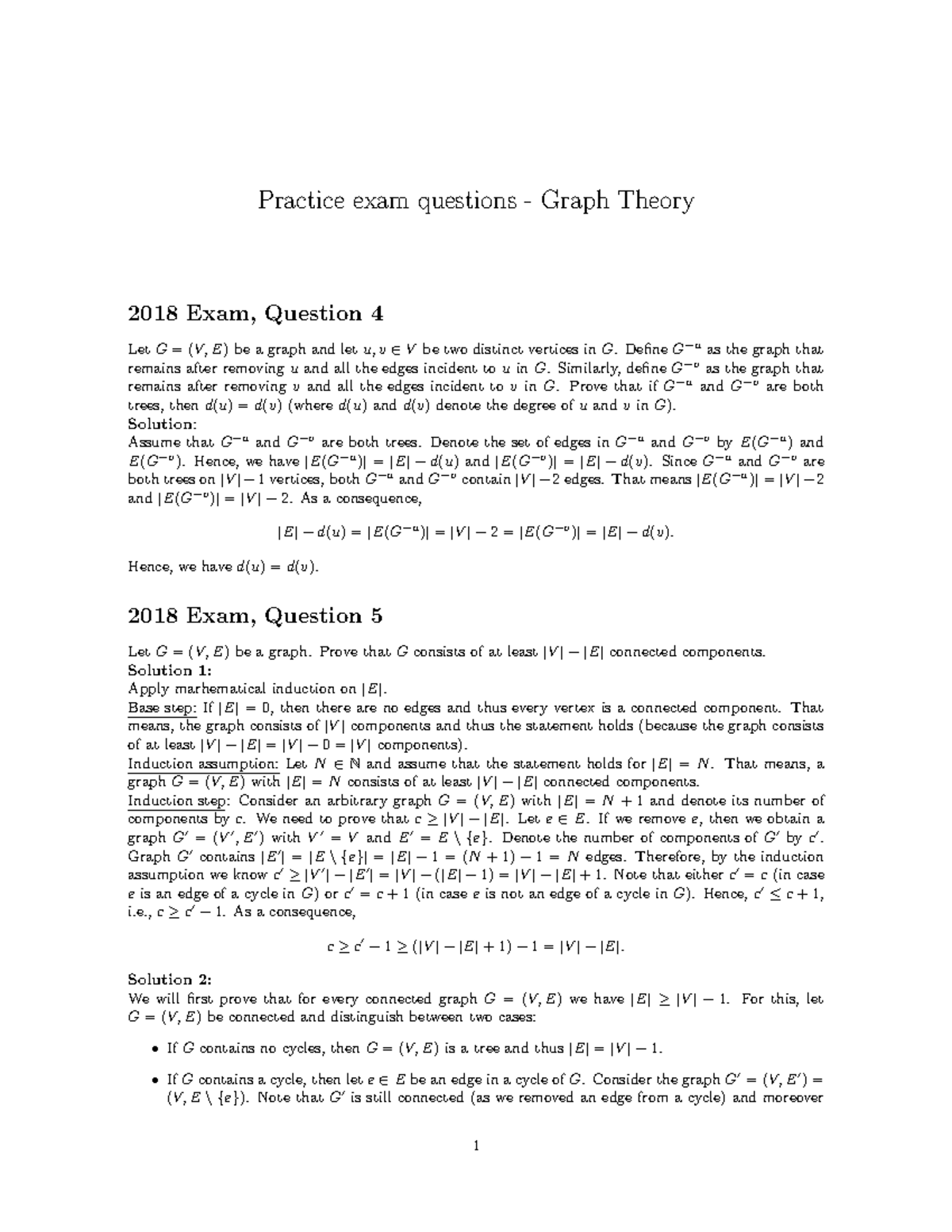 Practice exam questions - Graph Theory - Define G−u as the graph that ...