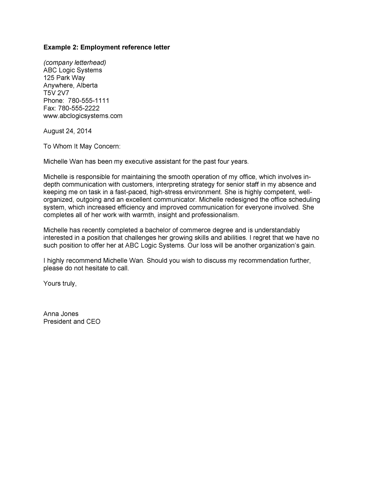 Professional Letter Of Reference Of Employment Example 2 Employment Reference Letter Company 5736