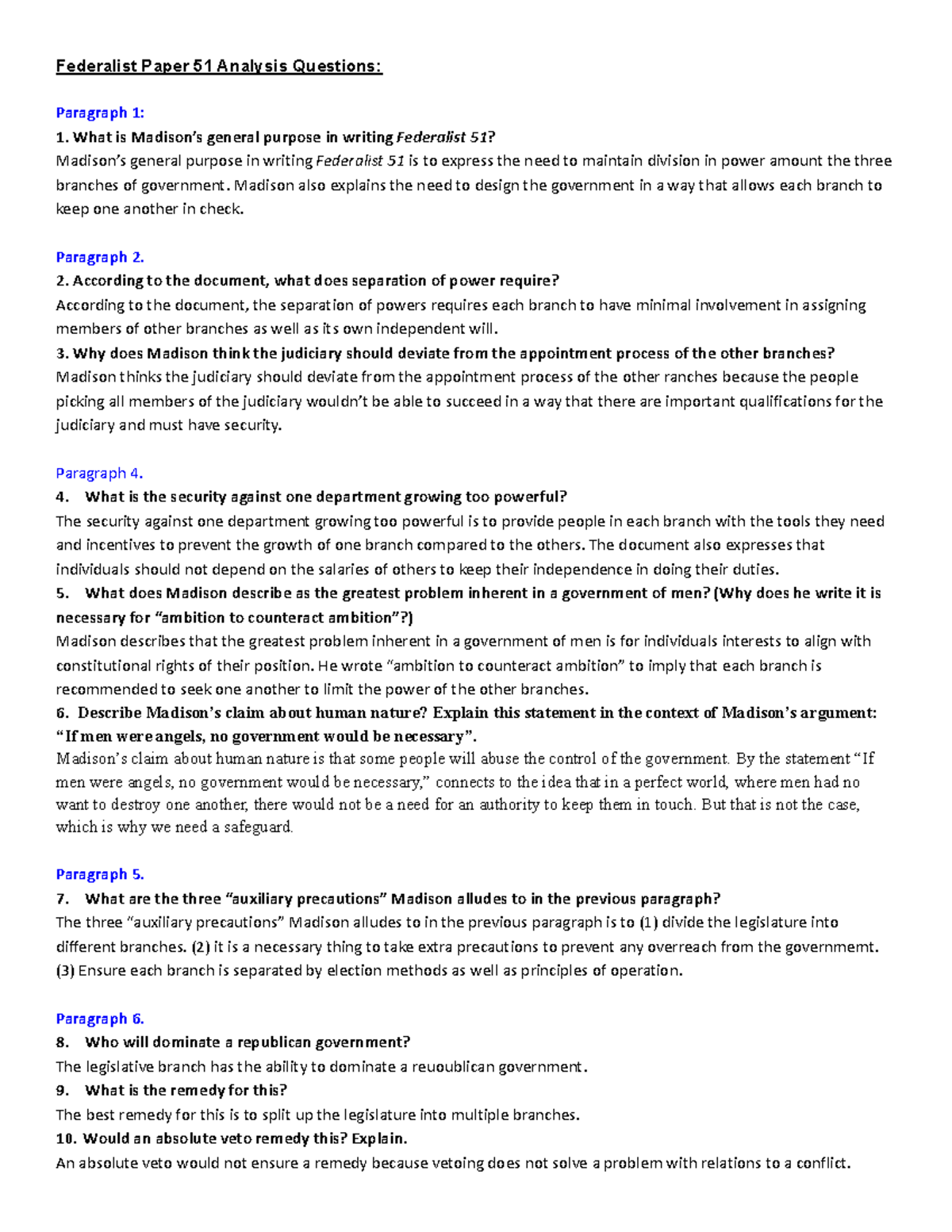 Federalist Paper 51 Analysis Questions - Federalist Paper 51 Analysis ...