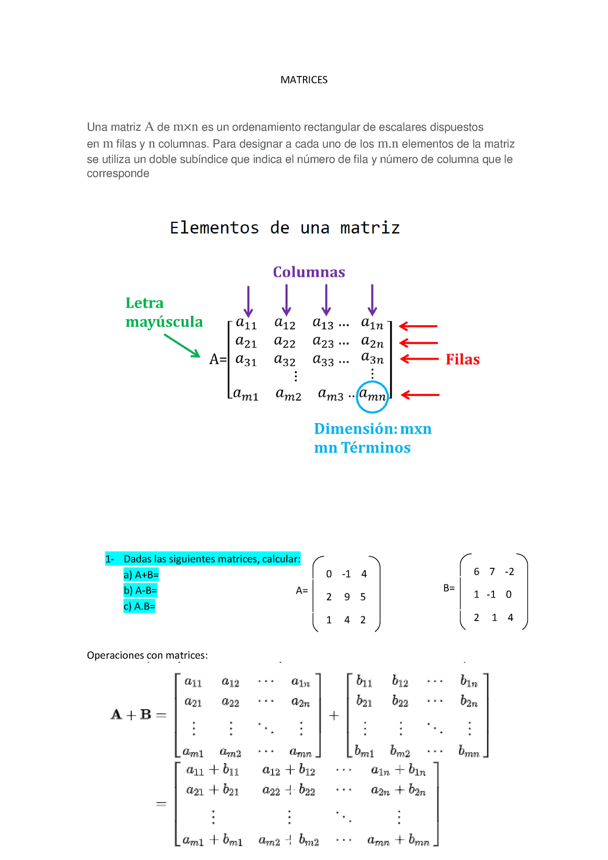 Matrices Estudiar Pr Ctica De Matrices Matrices Una Matriz A De Mn Es Un Ordenamiento