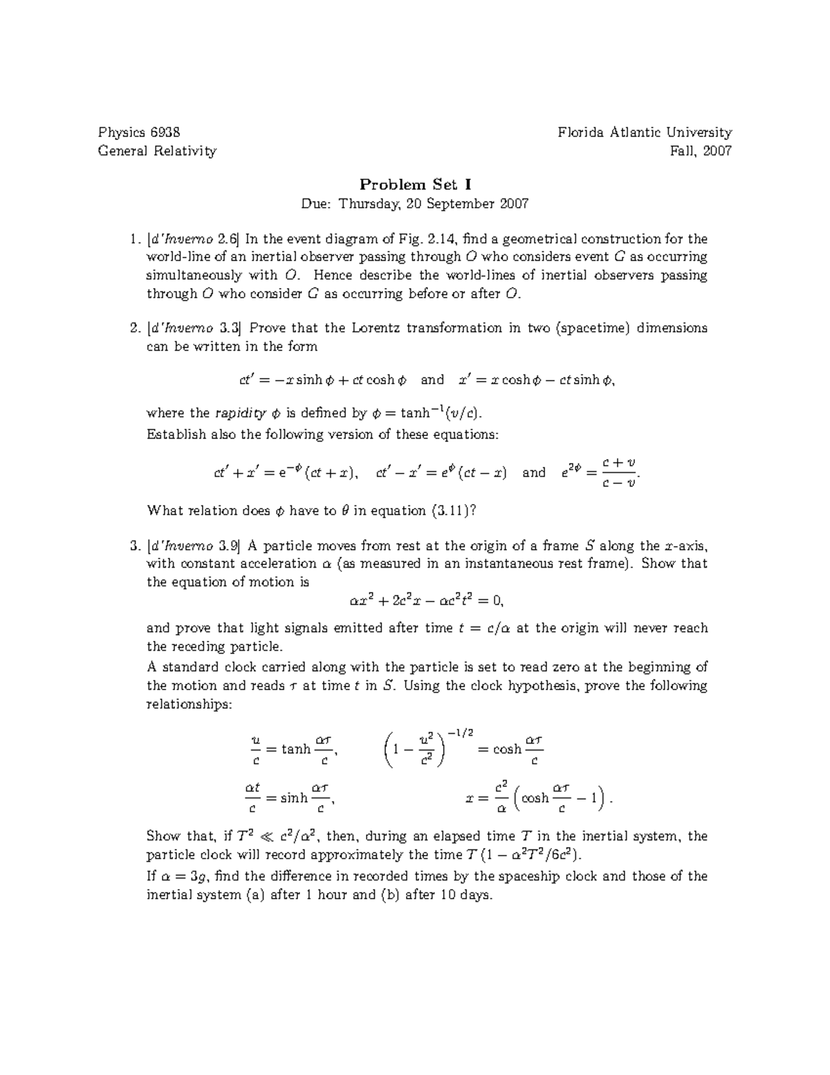 General Relativity - Problem Set 1 - Physics 6938 Florida Atlantic ...