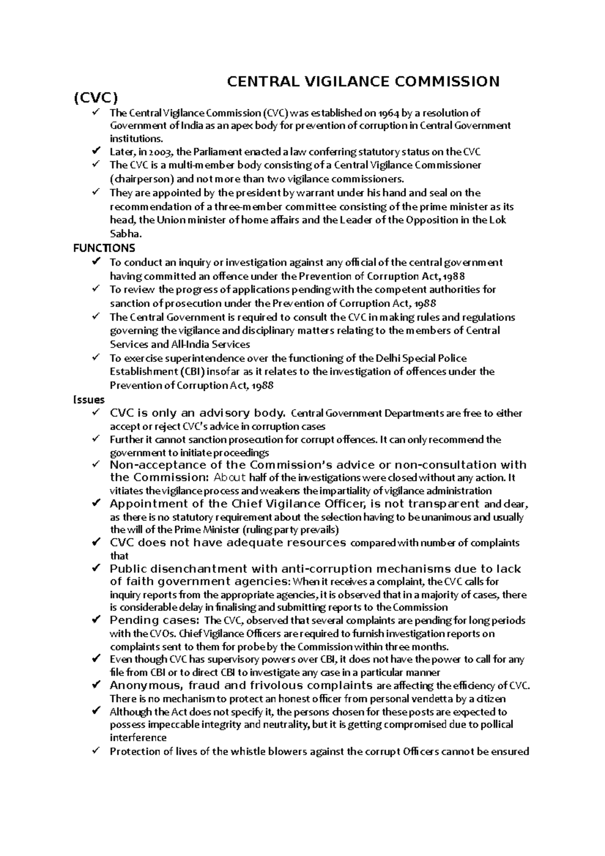 Non statutory Bodies and Commissions CENTRAL VIGILANCE COMMISSION