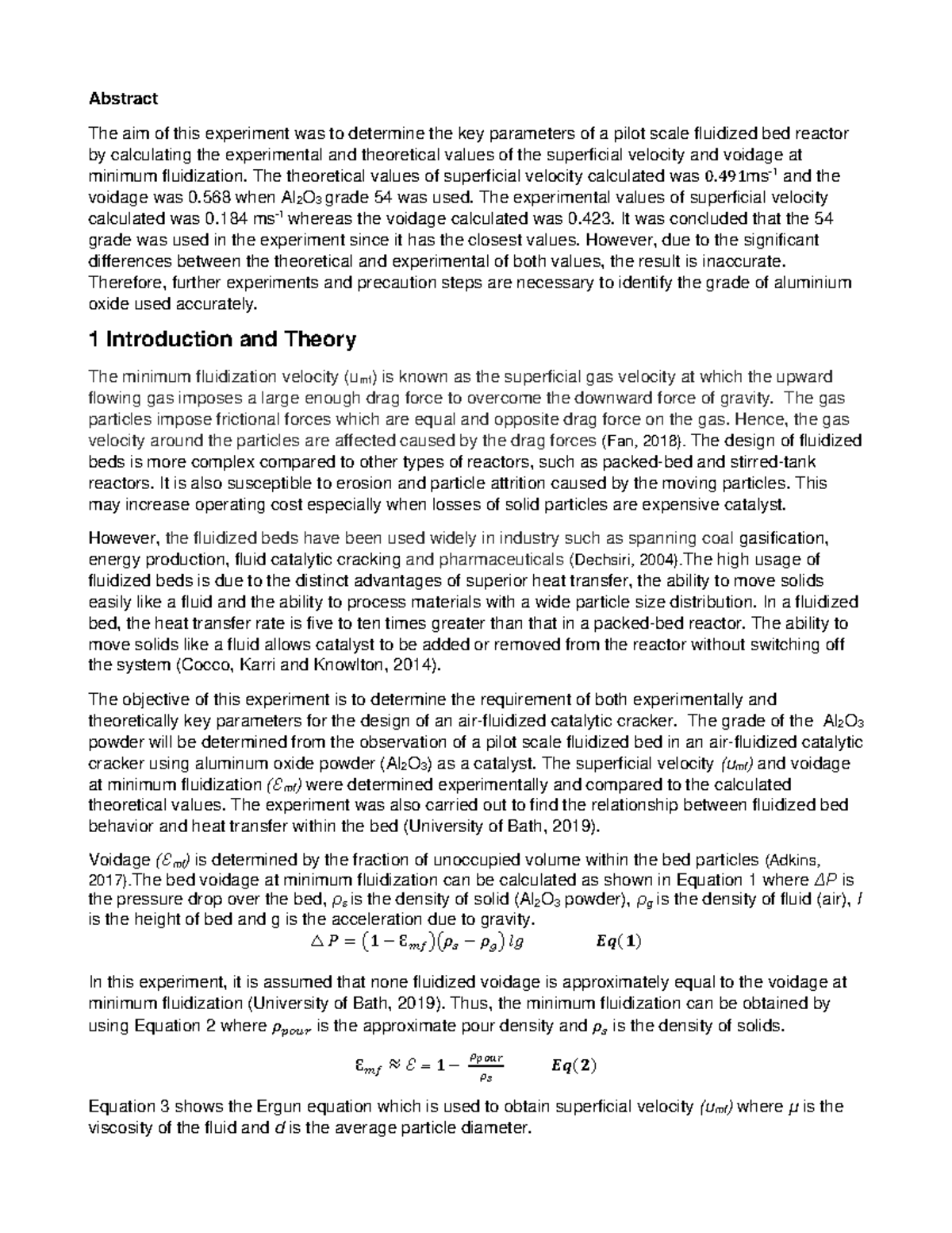 Chemical Engineering Lab Report FLUIDISATION Abstract The aim of