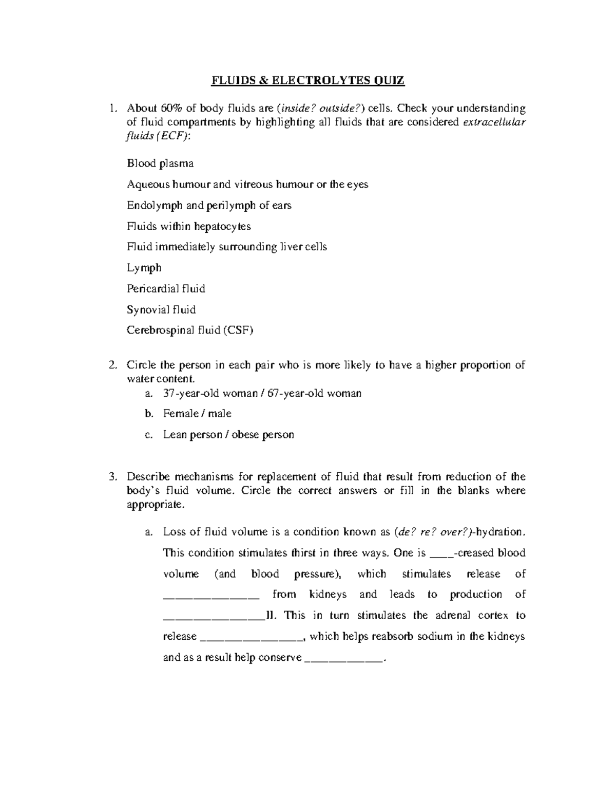 Tutorial 1 fluids and electrolytes self quiz FLUIDS & ELECTROLYTES