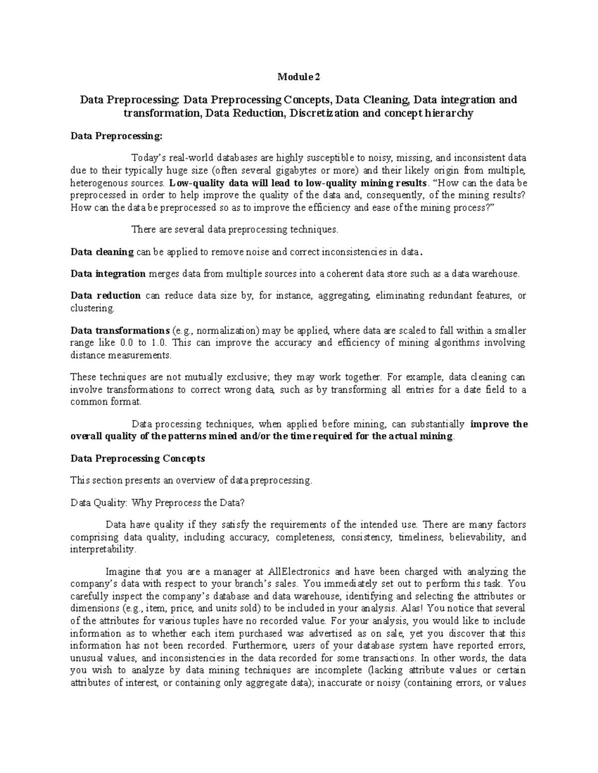 Module 2 DWMW notes - Module 2 Data Preprocessing: Data Preprocessing ...