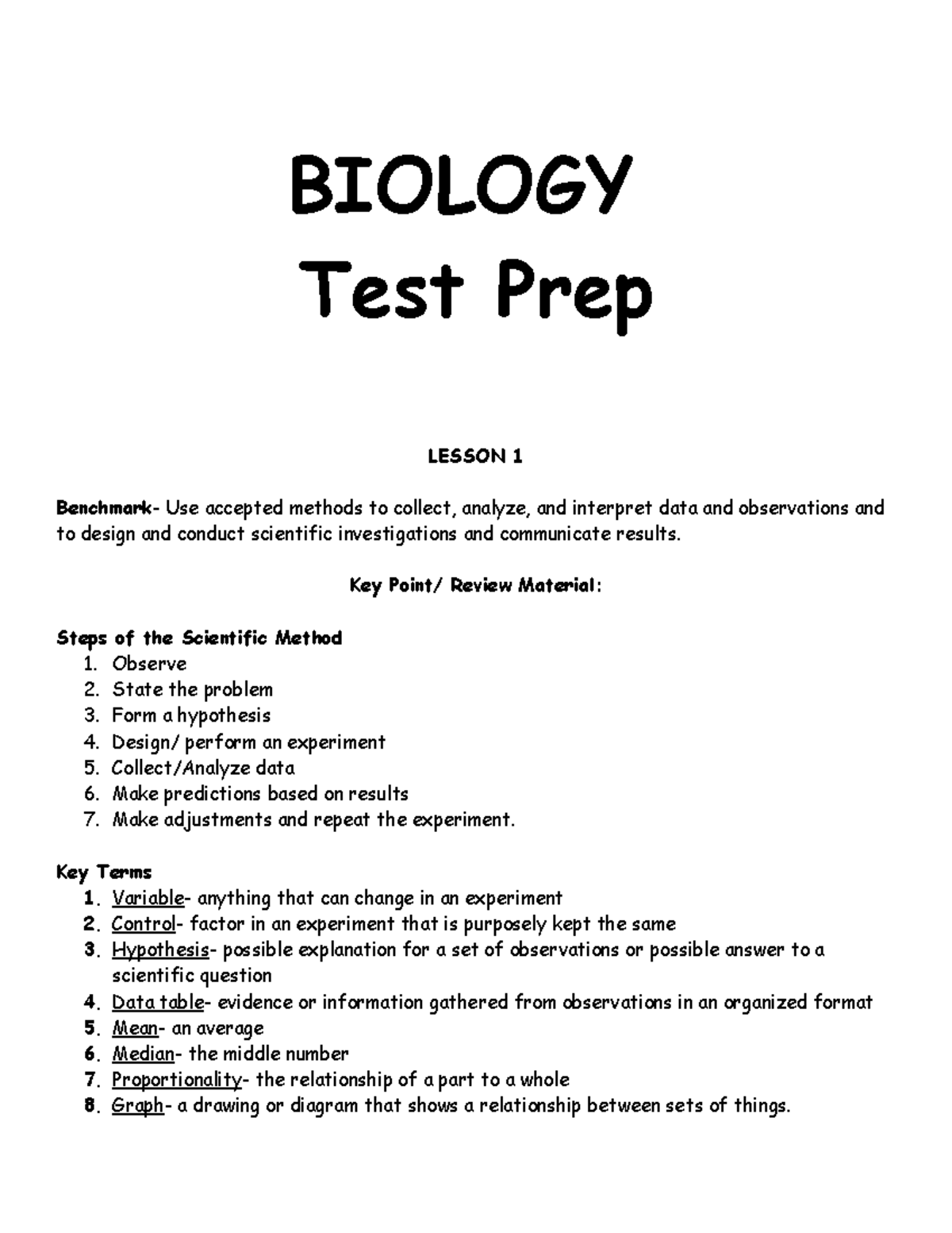 Biology Review - BIOLOGY Test Prep LESSON 1 Benchmark- Use Accepted ...