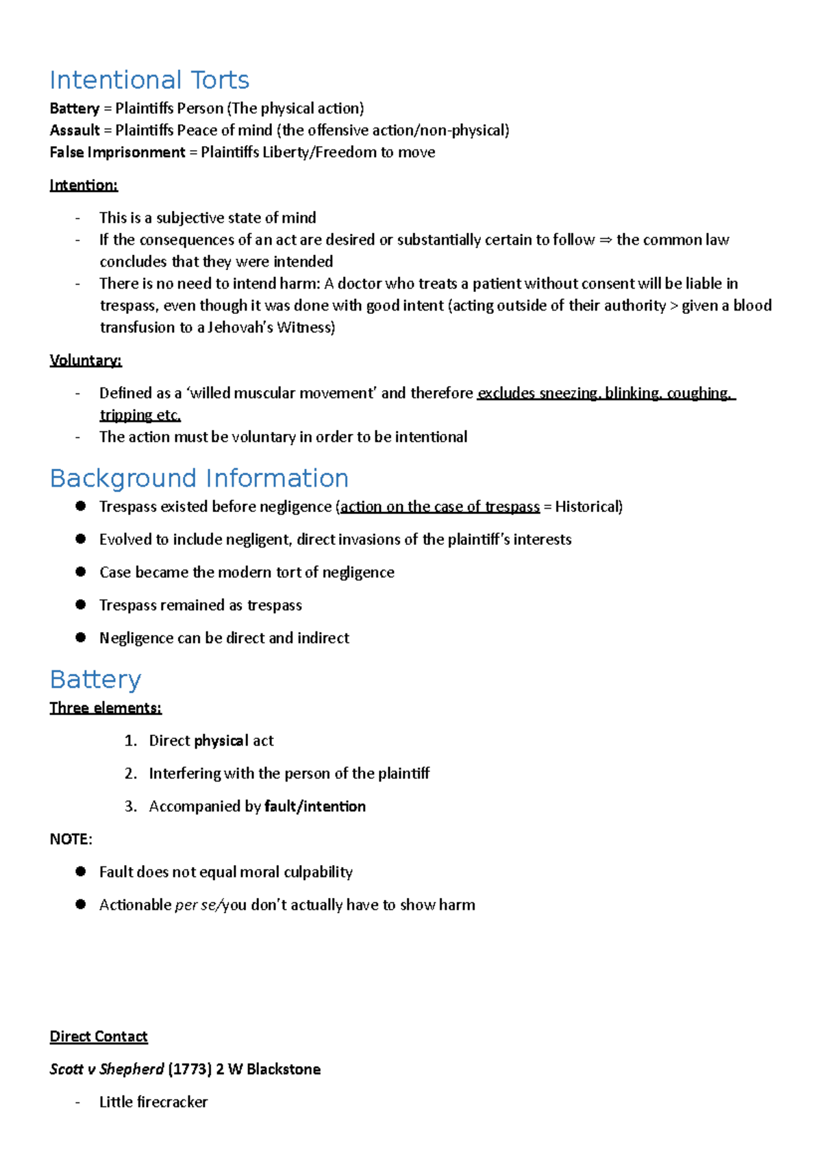 Intentional Torts - Trespass to the Person - Intentional Torts Battery ...