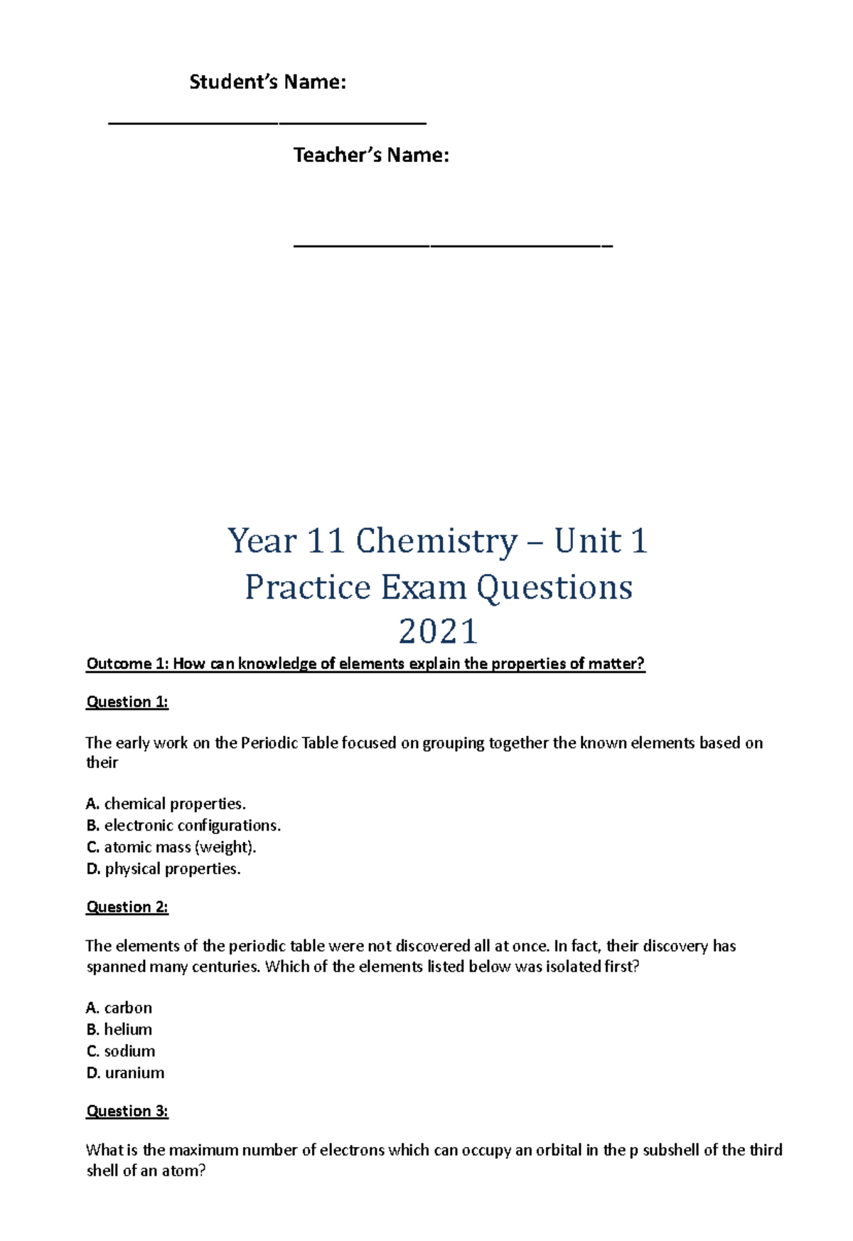 Year 11 Chemistry Unit 1 Exam Revision Notes - Student’s Name