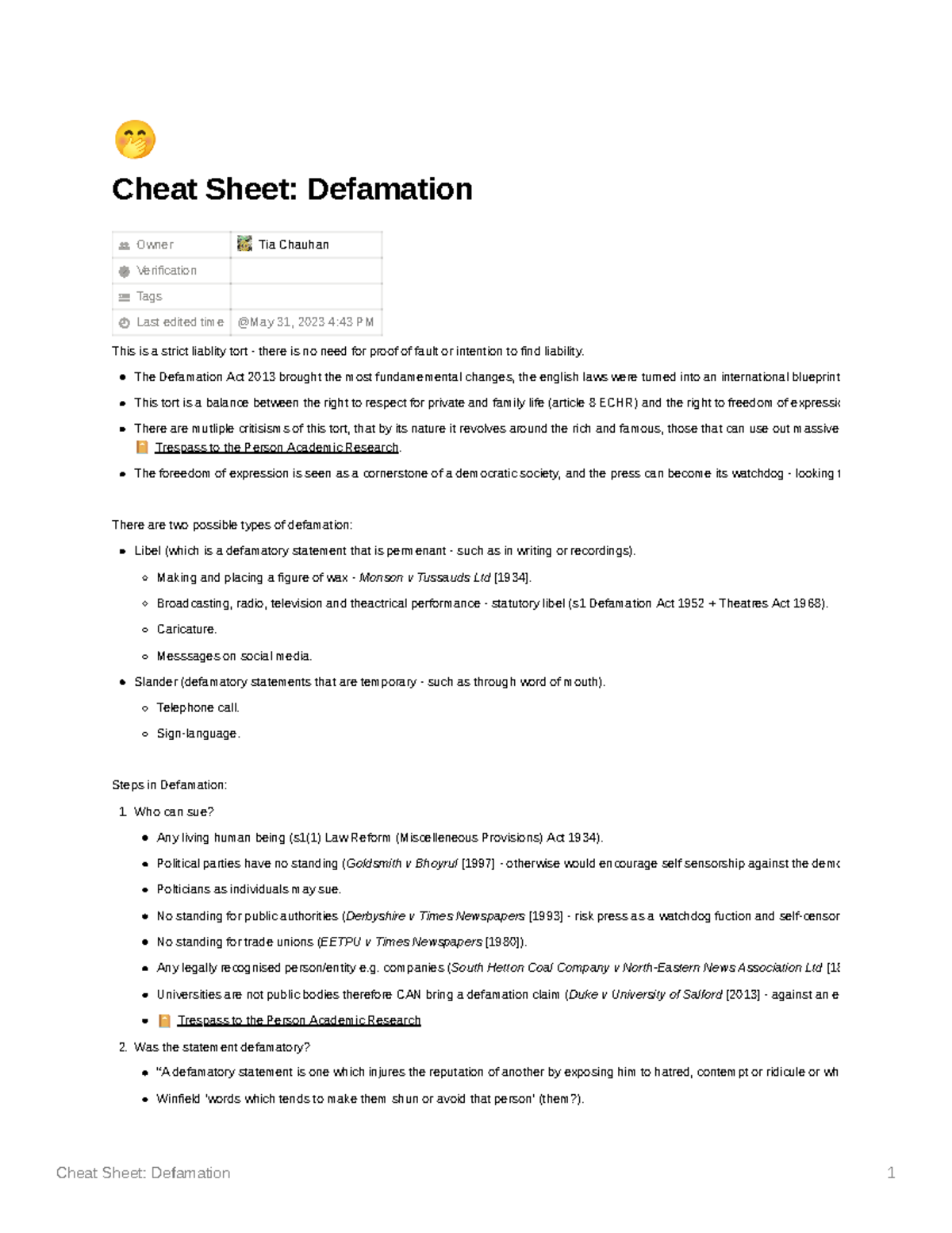 The Tort of Defamation - LAW-5016B - UEA - Studocu