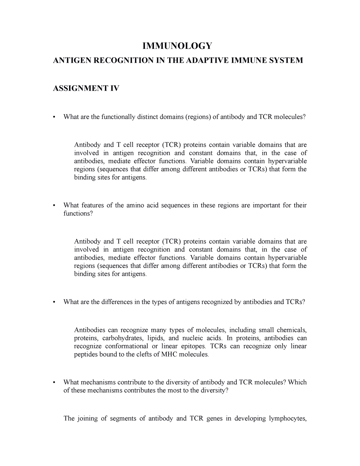 Immunology Assignment Iv Immunology Antigen Recognition In The Adaptive Immune System 2597