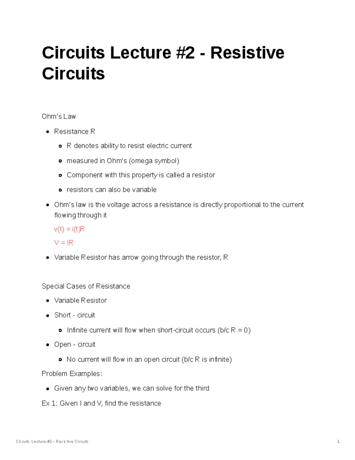 Ecor 1043 Lecture #2 Notes - Circuits Lecture #2 - Resistive Circuits 1 ...