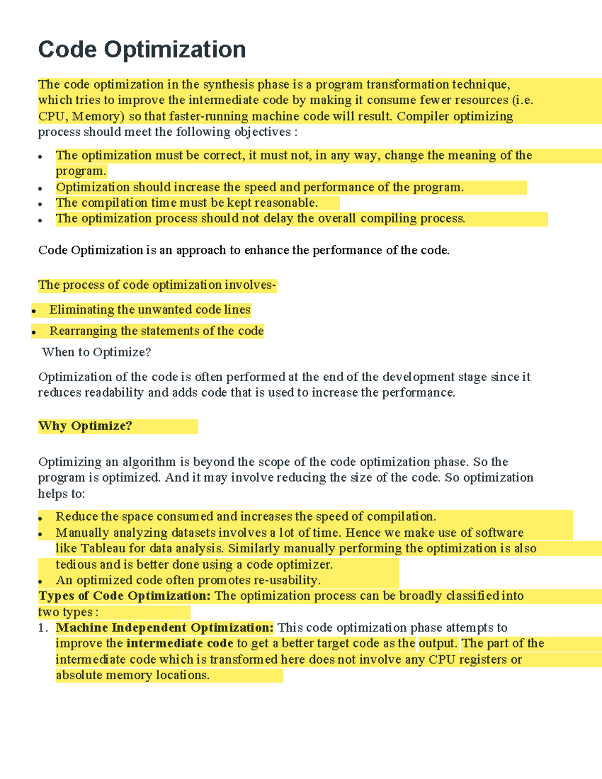 Code Optimisation - The code optimization in the synthesis phase is a ...