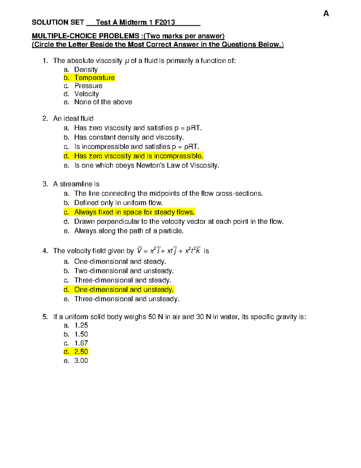 Exam 2013, Questions And Answers - Midterm 1 - SOLUTION SET Test A ...