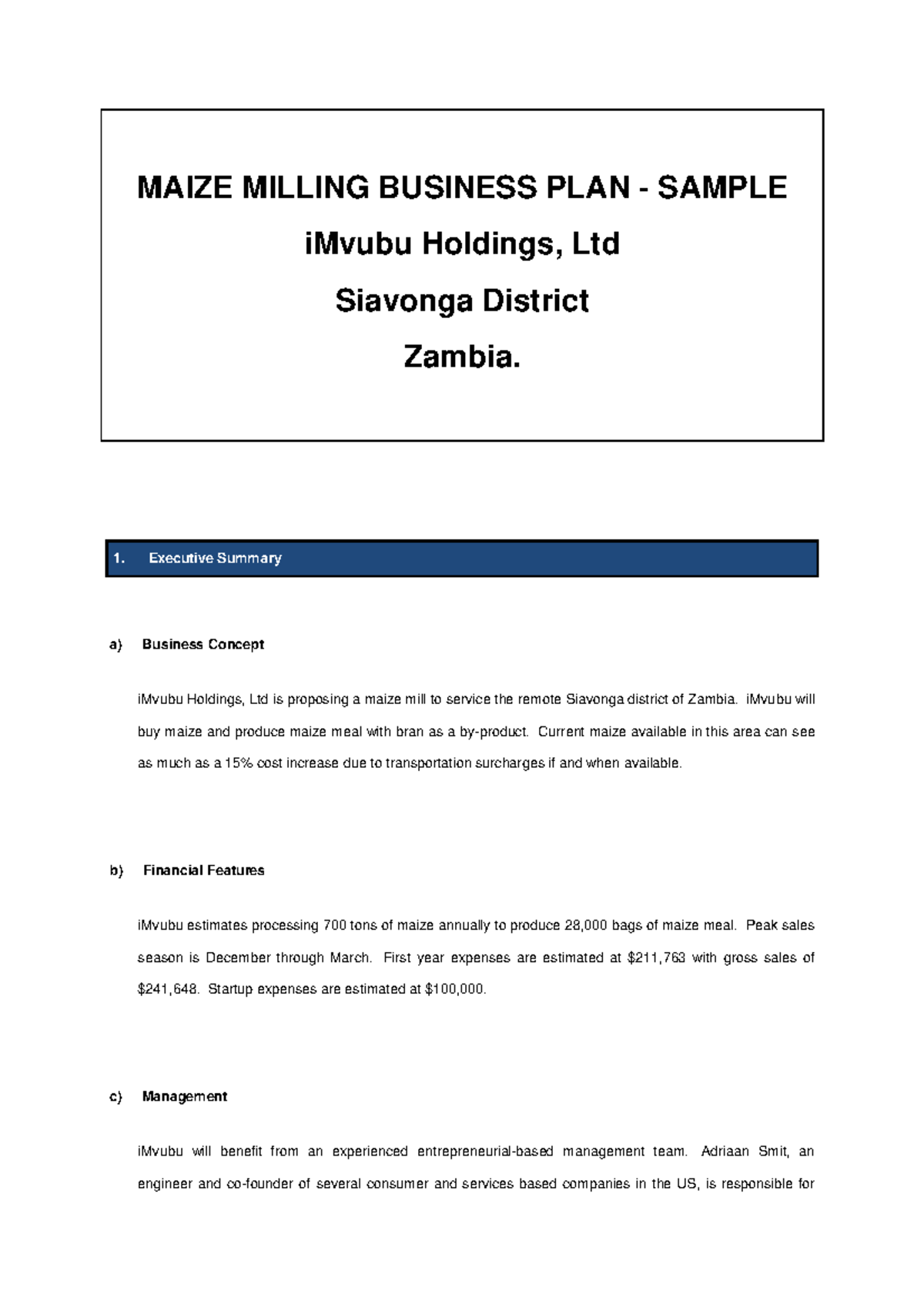 Maize milling business plan sample MAIZE MILLING BUSINESS PLAN SAMPLE iMvubu Holdings, Ltd
