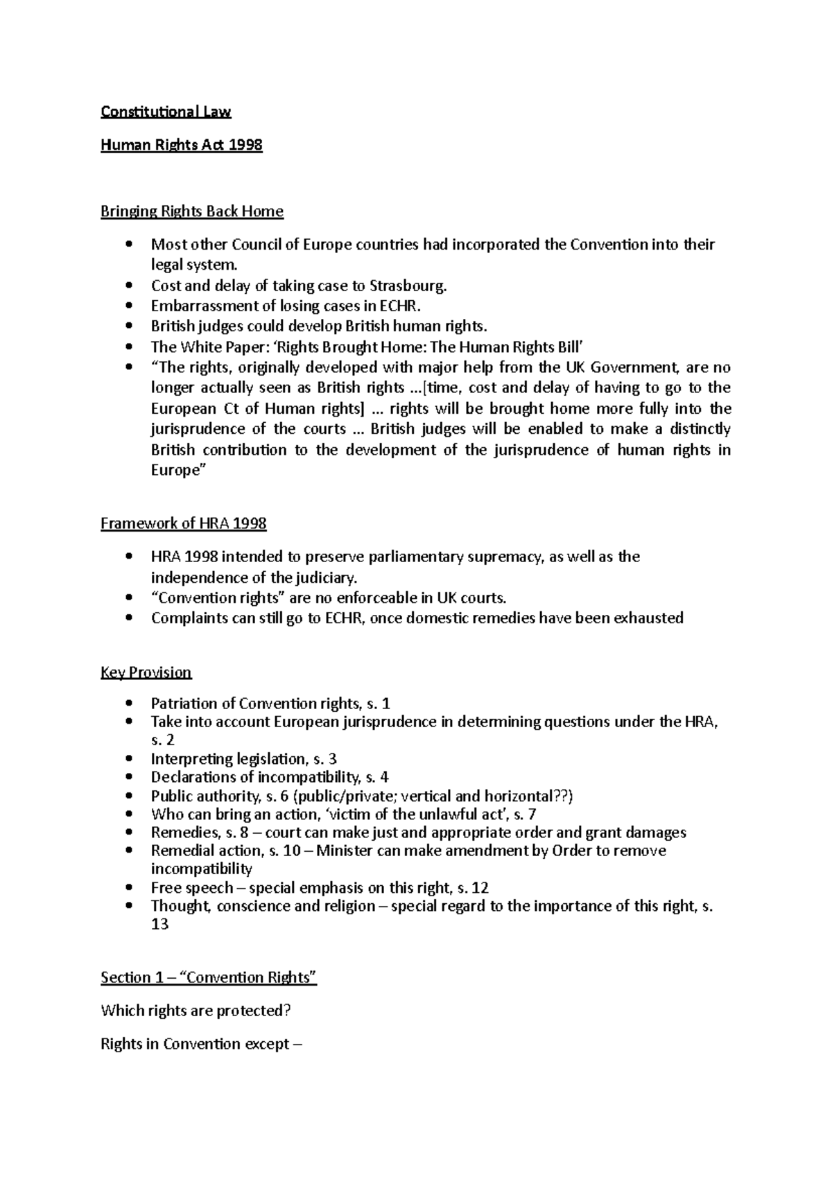 Human Rights Act 1998 - Lecture notes 3 - Constitutional Law Human ...