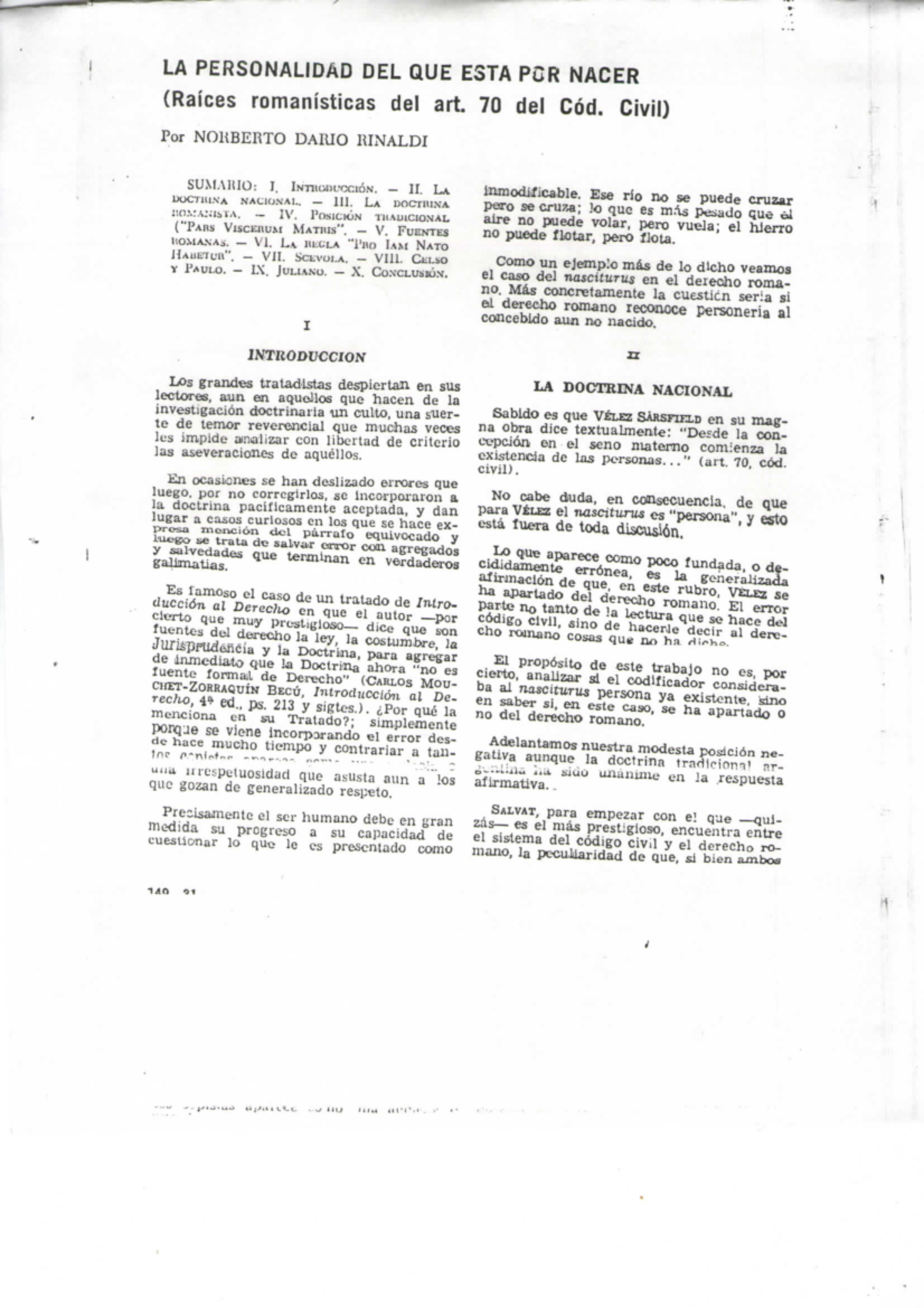 Rinaldi - Paper sobre el nasciturus en el Derecho Romano. Dos teorias ...