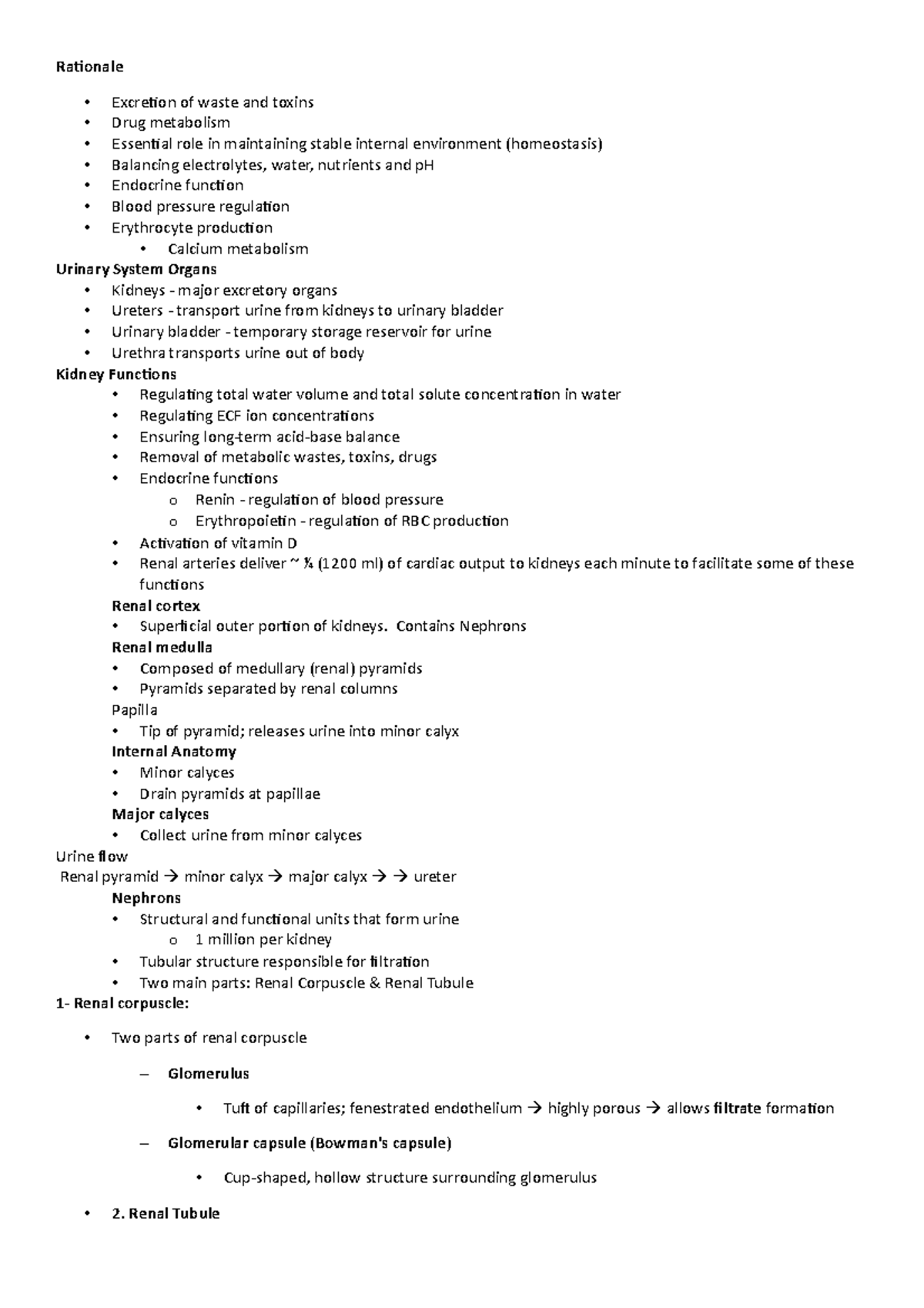 Renal System Notes - Rationale Excretion of waste and toxins Drug ...