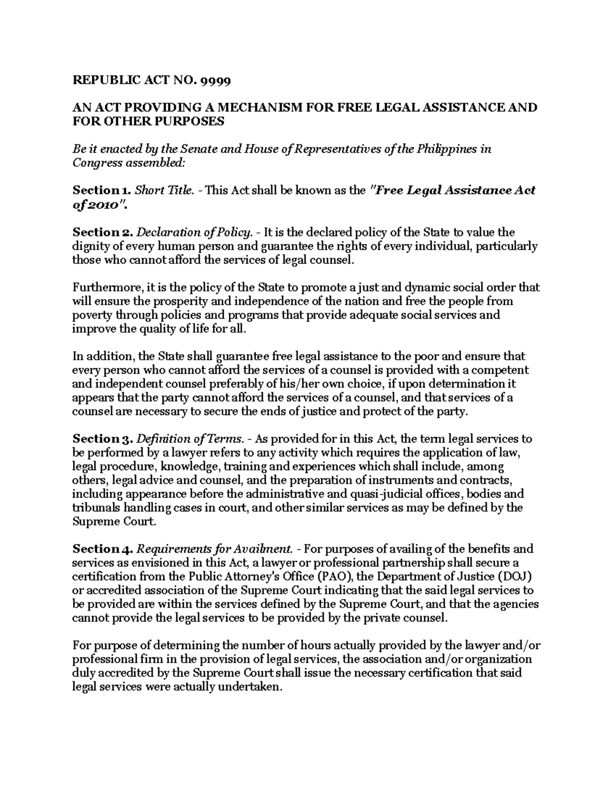 RA 9999 - Free Legal Assistance Act - REPUBLIC ACT NO. 9999 AN ACT ...