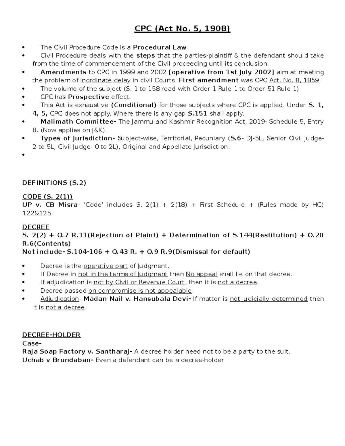 CPC Notes Document for Law CPC (Act No. 5, 1908) The Civil