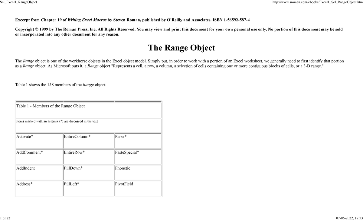 Sel Excel 1 Range Object Excerpt from Chapter 19 of Writing Excel