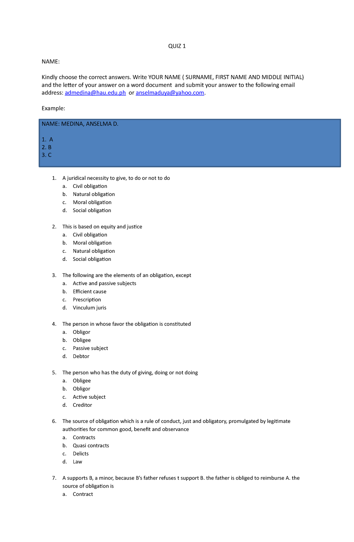 QUIZ - Oblicon-1 - To Help Student - QUIZ 1 NAME: Kindly Choose The ...