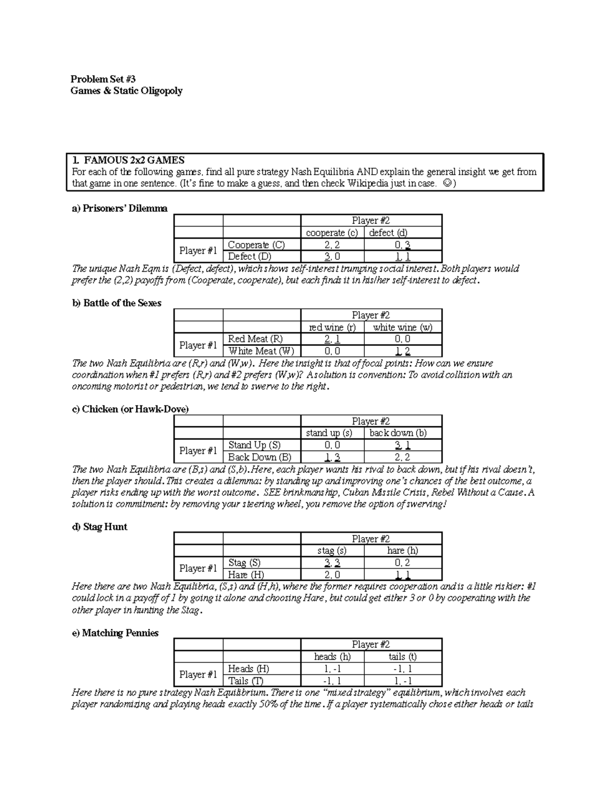 Problem Set 3 Game Theory Questions And Solutions - Problem Set # Games ...