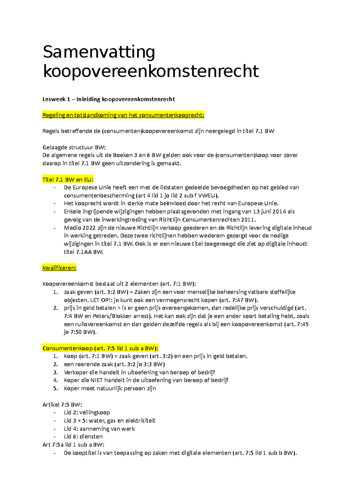 Samenvatting Koopovereenkomstenrecht + Arresten - Samenvatting ...