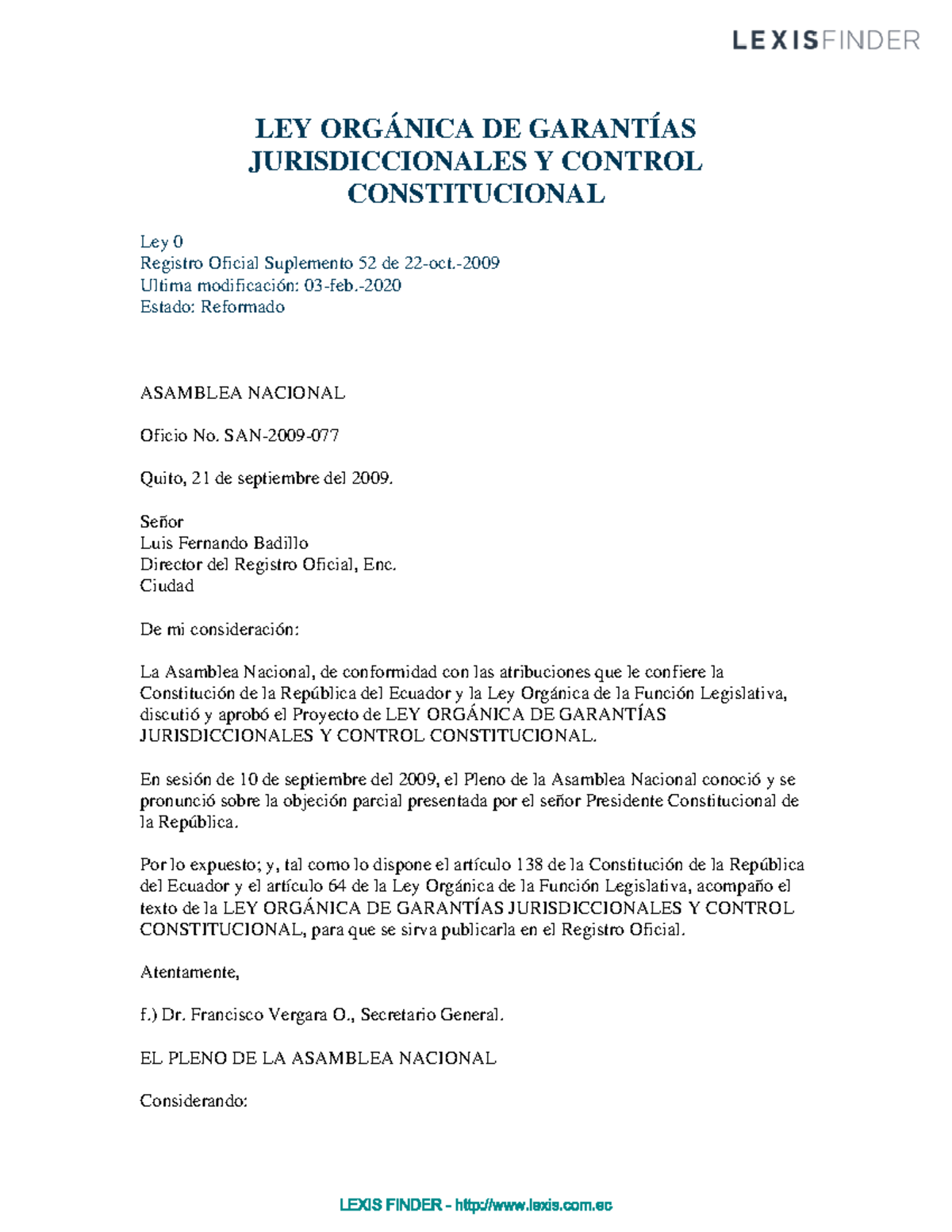 Logjcc Ley de garantias LEY ORGÁNICA DE GARANTÍAS JURISDICCIONALES