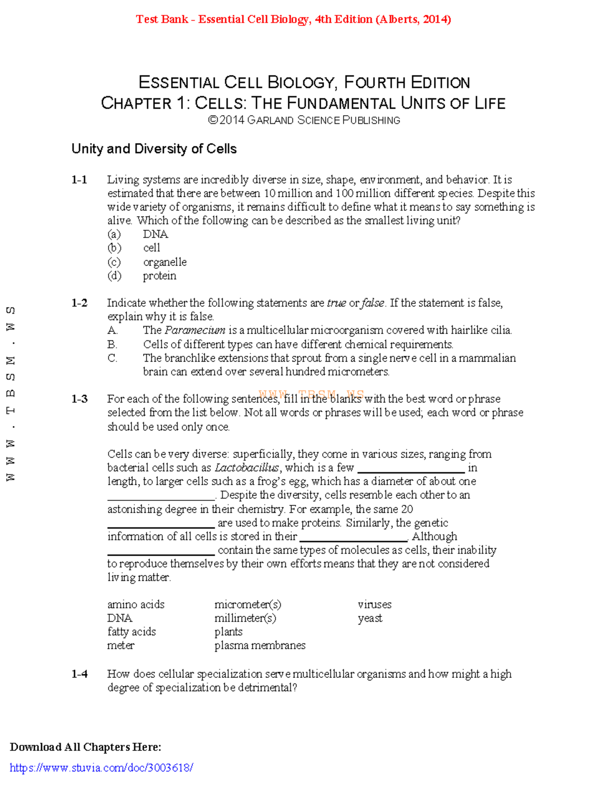 Test Bank - Essential Cell Biology, 4th Edition (Alberts, 2014) - WWW ...