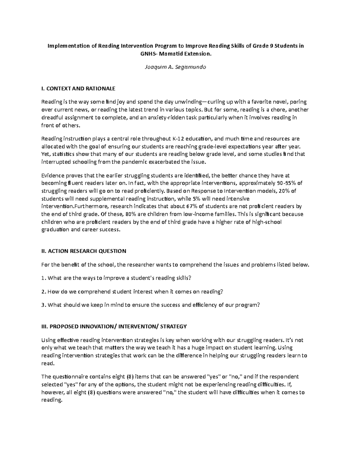 Implementation of Reading Intervention Program to Improve Reading