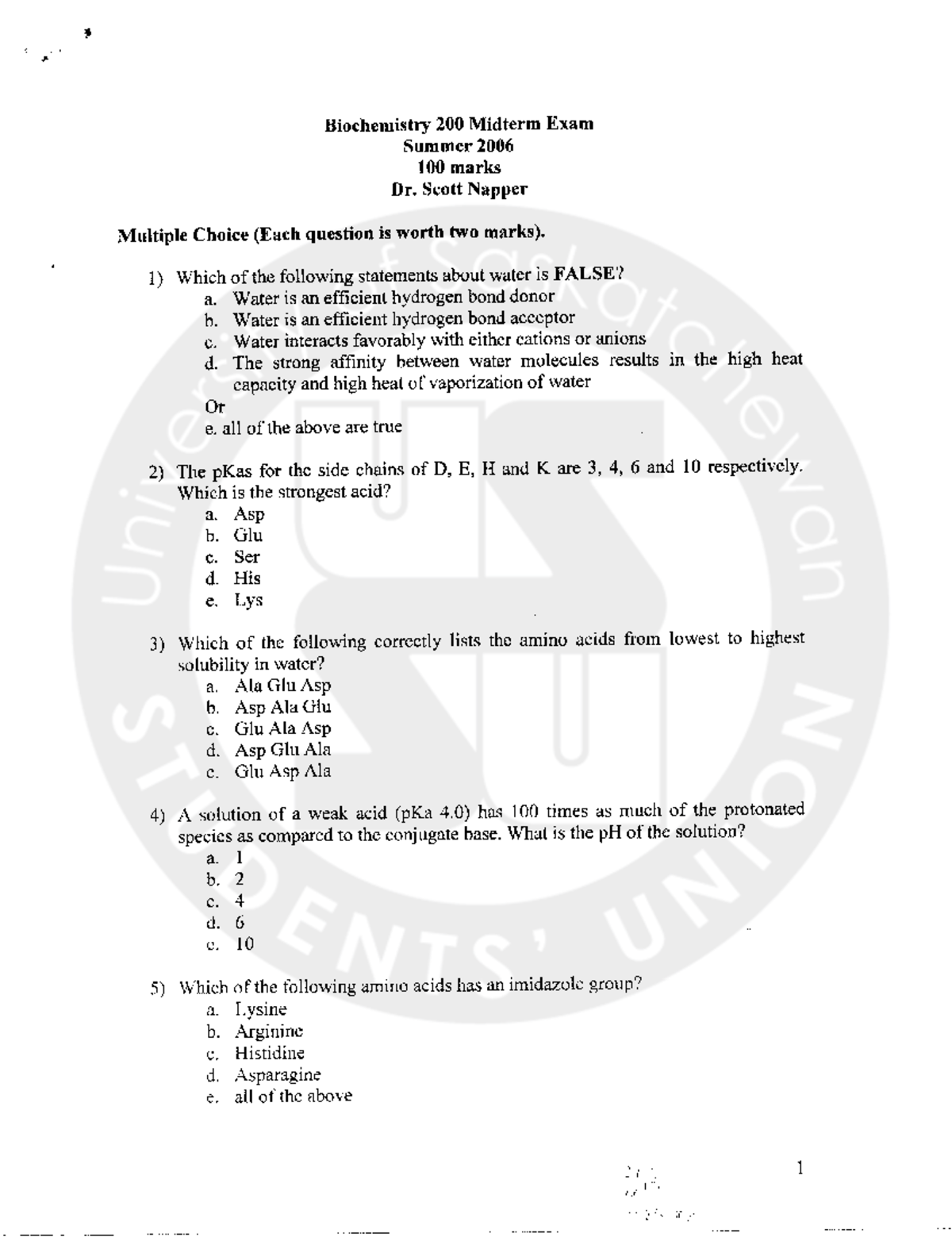 Biomolecules Exam 2006, questions and answers Biochemistry 200