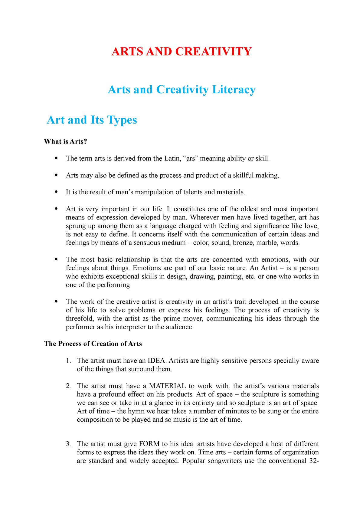 ARTS AND Creativity - ARTS AND CREATIVITY Arts And Creativity Literacy ...