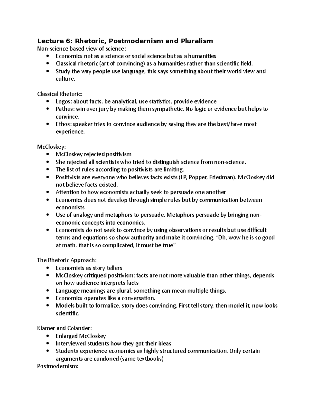 Lecture 6- Rhetoric, Postmodernism and Pluralism Summary - Lecture 6 ...
