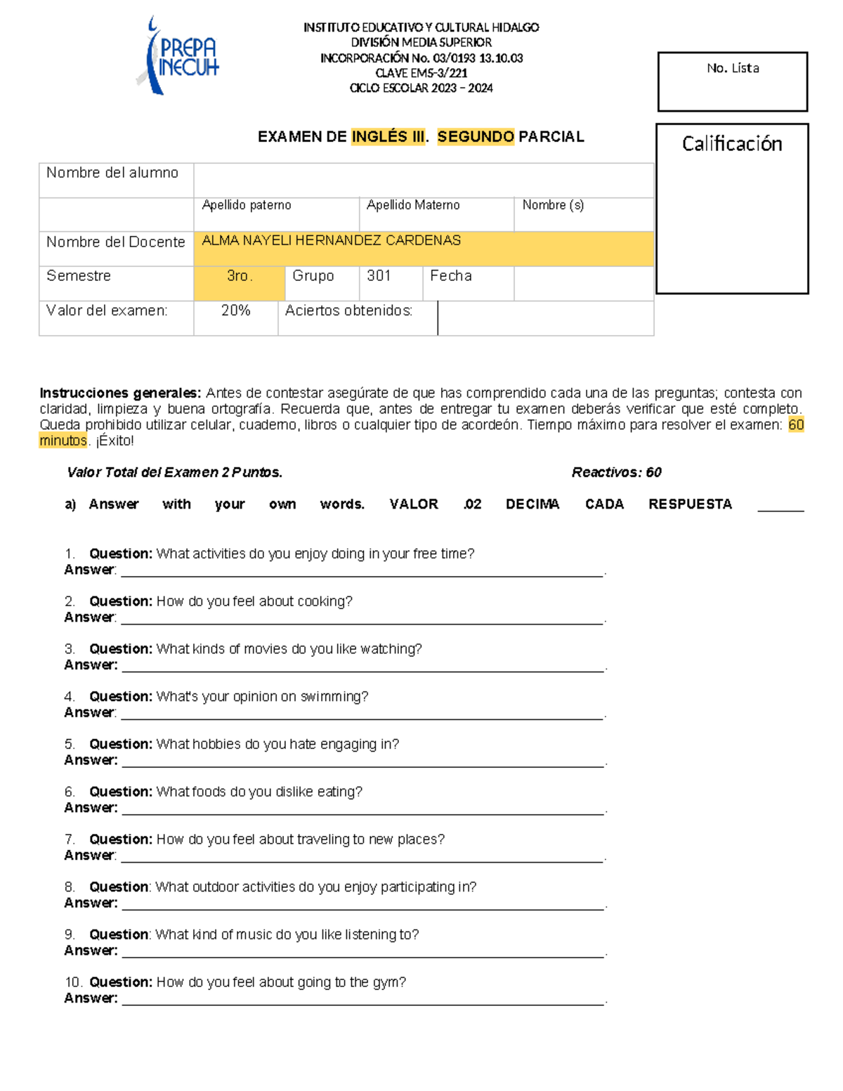 Examen Segundo Parcial Inglés III 301 Alma Nayeli Hernandez Cardenas ...